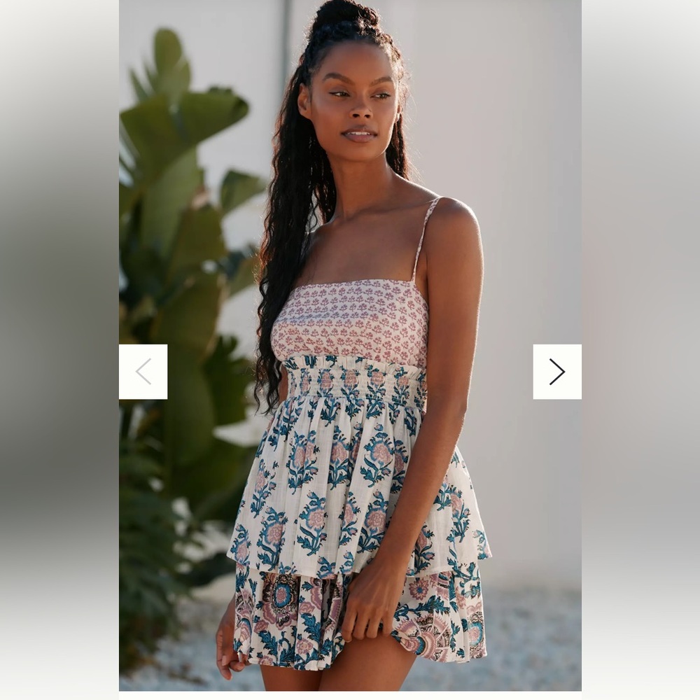 Anthropologie Cream and Teal Floral Mini Dress
